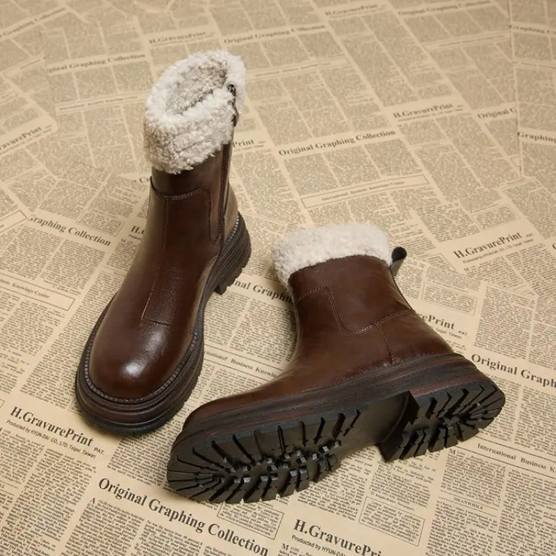 Fashion Faux Lamb Fur Women Knee Boots Plush Thick Sole Ankle Boot Soft Leather Zipper Winter Shoes for Women Warm Knight Boots