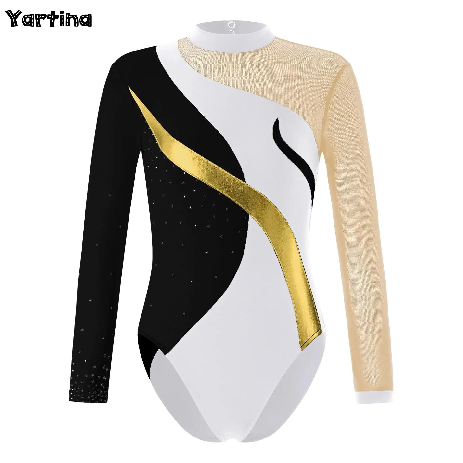 

Kids Girls Gymnatics Ballet Dance Leotard Costume Long Sleeve Round Collar Rhinestones Hollow Back Jumpsuit for Figure Skating