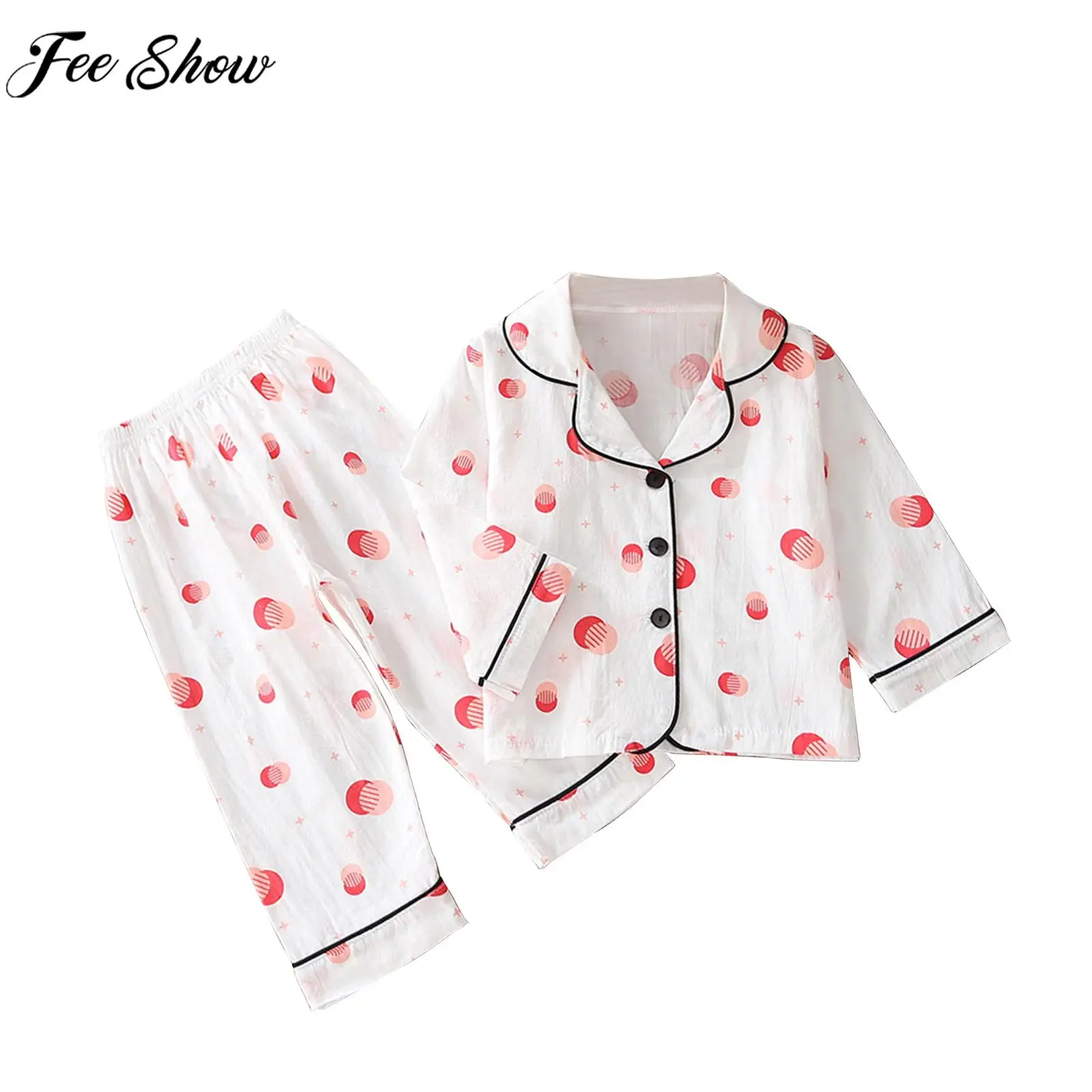 

Повседневный пижамный комплект для маленьких девочек, домашняя одежда, рубашка с отложным воротником и длинными рукавами и штаны, свободная удобная домашняя одежда, одежда для сна