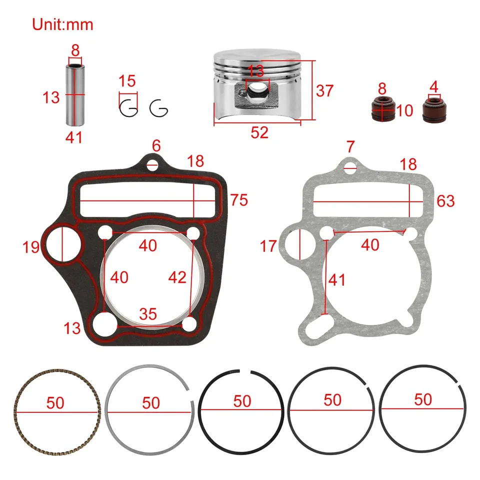 Kit Reconstruction Cylindre 52,4 Mm Pour Moteurs 110-125cc - Joints Et Segments Piston Inclus Pour ATV, Kart, Pocket Bike