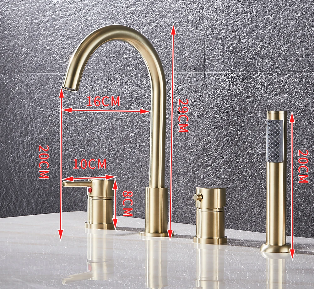 Deck Mount Bathroom Bathtub Faucet Set with Handheld Shower Tub Faucet Hot and Cold Water Mixer Bath Faucet Gold Bathtub Tap 6