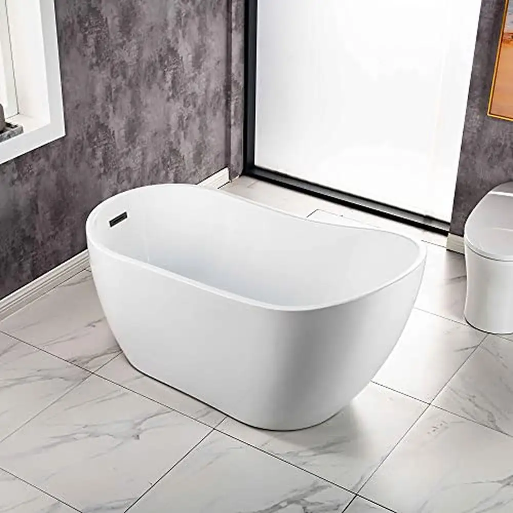54" Acrylic Freestanding Bathtub with Matte Black Overflow and Drain Luxury Non-Slip Design 55 Gallons Capacity High Gloss White 4