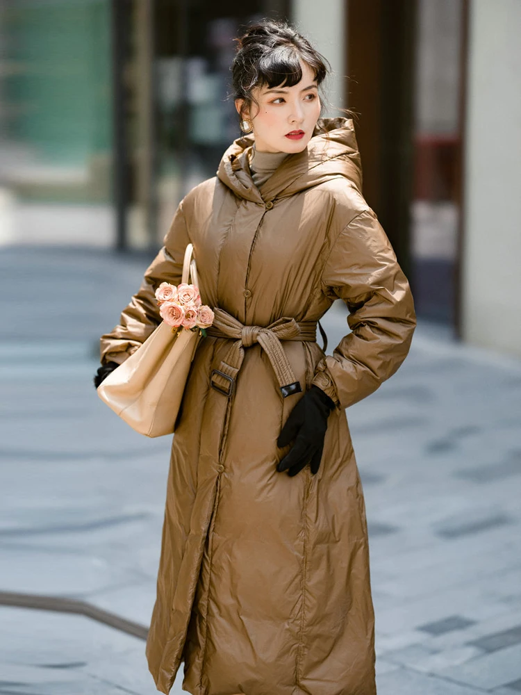 Piumino Lungo Donna Con Cappuccio In Pelliccia - Elegante E Caldo, Per L'inverno, Design Casual Chic