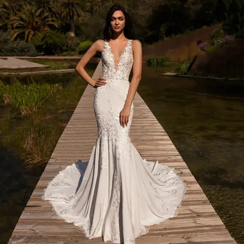 

Darla Luxury Mermaid Tulle Wedding Dresses For Women Backless Spaghetti Straps Sexy Deep V-Neck Lace Applique Bride Gowns 2024