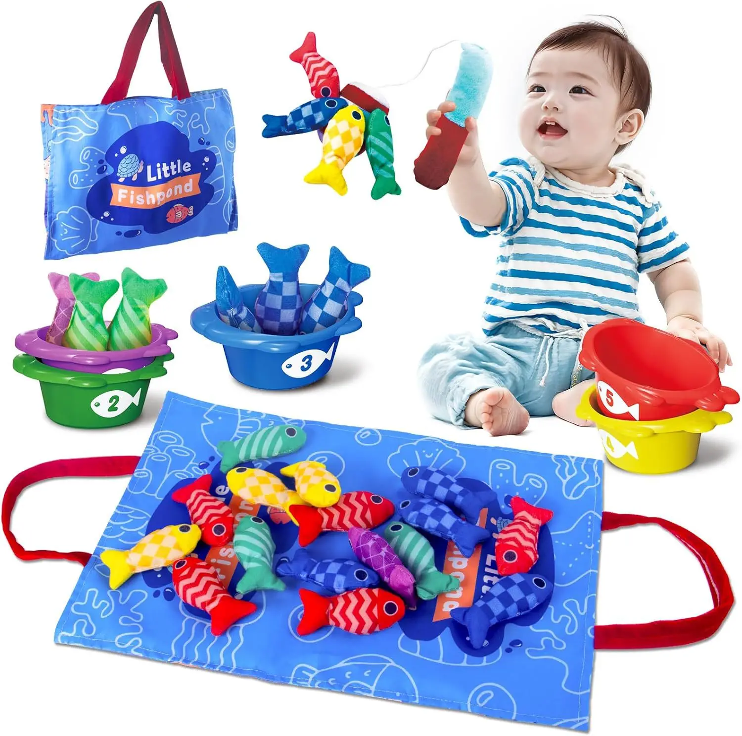 Jeu de pêche en tissu Montessori pour bébé avec gobelets empilables et tri, jouet sensoriel éducatif pour tout-petits, cadeau_voghion.com