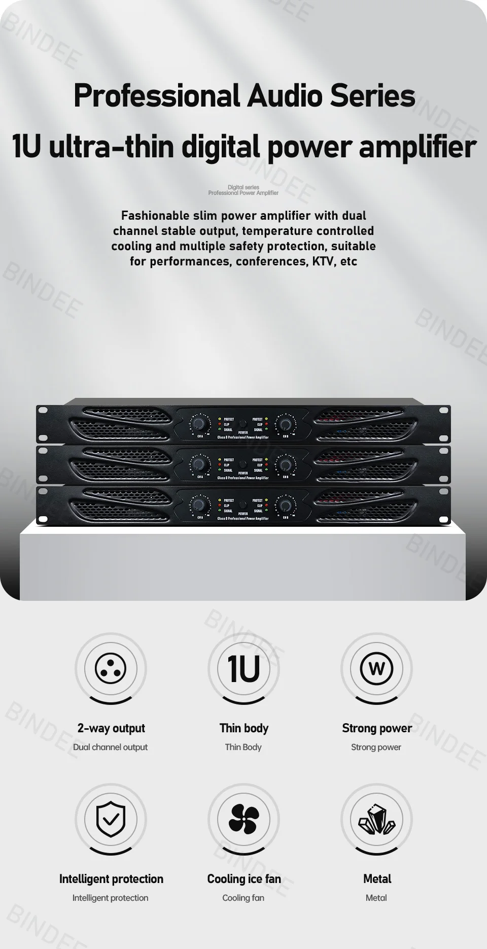 Slim 1U 2-channel professional digital power amplifier for stage performance conference school home karaoke outdoor amplifier