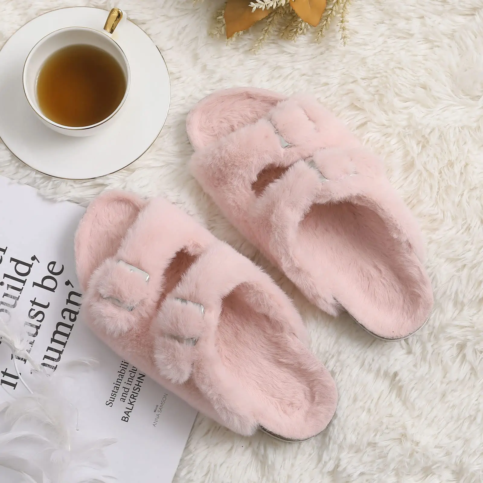 Crestar Fur Fuzzy Cork Slippers For Women Fashion Plush Open Toe Clogs Slippers Winter Warm Fluffy Slippers Furry House Slides 3