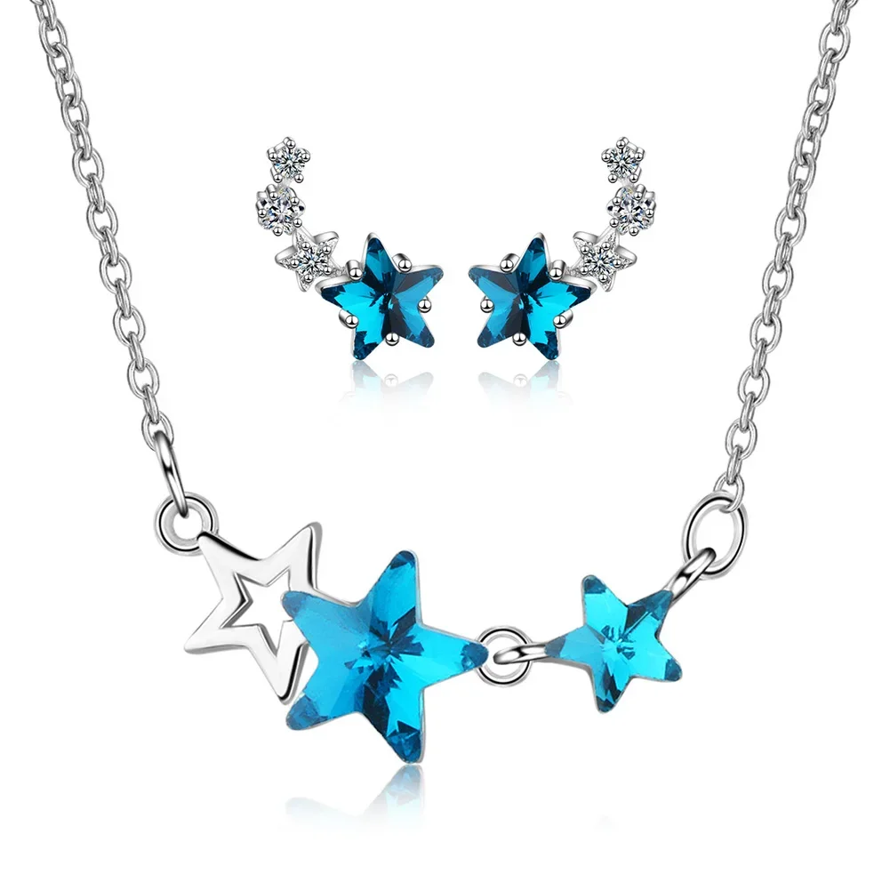 925 Sterling Silver Jewelry Set Women Accessories Blue Star Crystal Stud Earrings Wedding Necklaces Fashion Party Girl