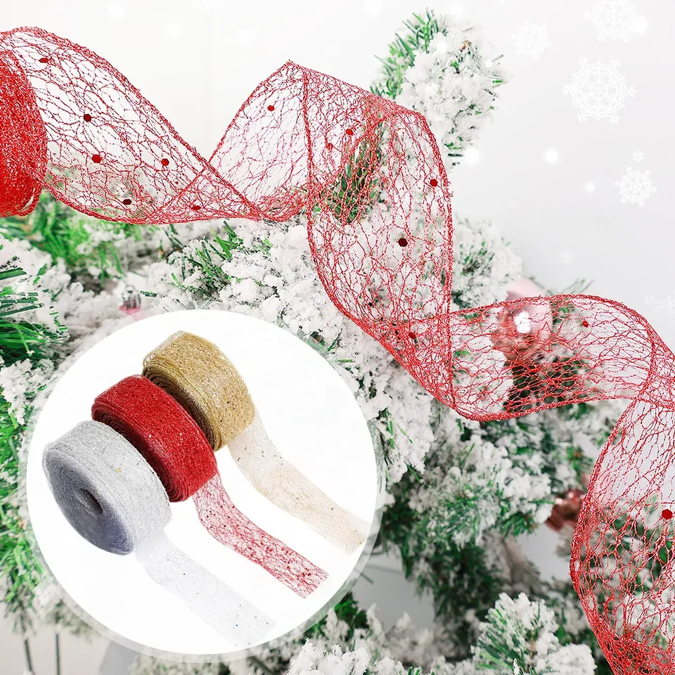 Lezevn 2,5 Inch x 6 Yards Breed Bedrade Rand Lint Kerst Glitter Vonken Glanzende Linten Rol Kerstboom Decoraties Bloemen Krans Strikken Lint (Zilver