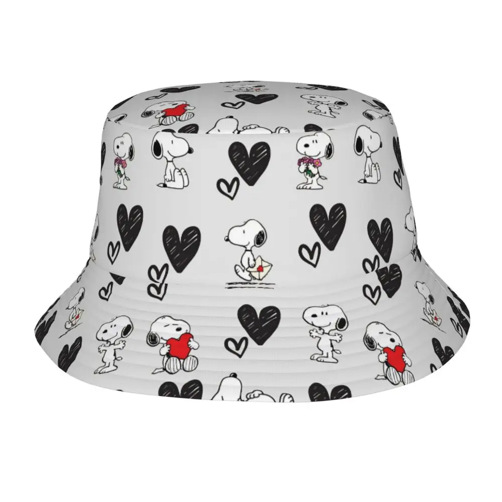 Unisex white bucket hat with black cartoon dog and heart prints for summer outdoor wear