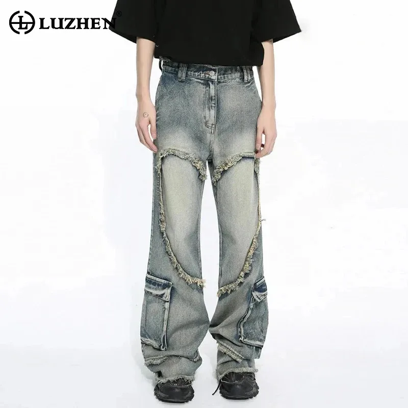 

LUZHEN New Men's Wear Male Fashion Jeans 2024 Spring Raw Edge Washed Casual Denim Pants Trendy Straight Trousers Pocket 9C5091