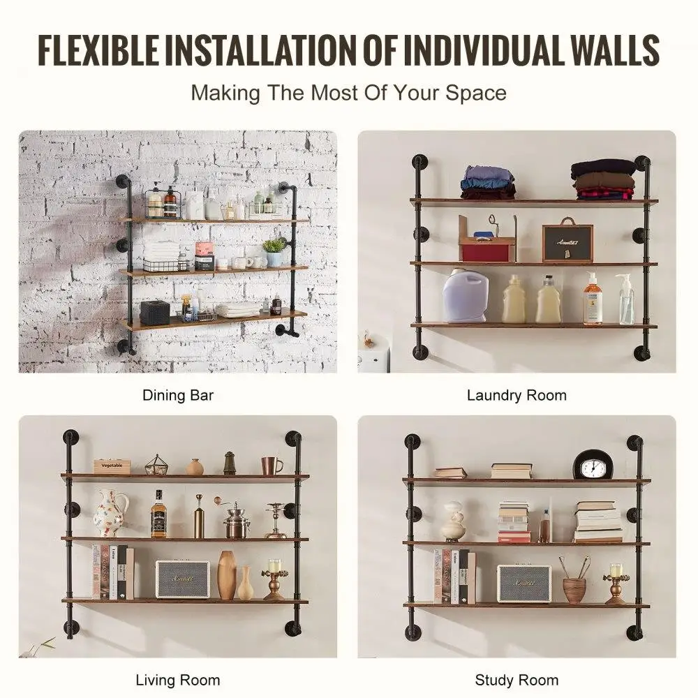 Rustic Pipe Shelving 3 Tier 48 by 9.84 inches Wall Mount for kitchen and Bedroom Storage 6