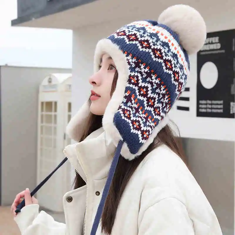 Winter Warm Bomber Hat Thermal Knitted Thick Fleece Earflap Hat Plush Windproof Women Winter Outdoor Travel Hiking Ski Hat
