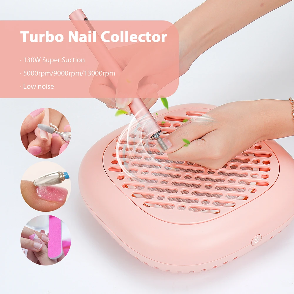 130W Powerful Suction Brushless Nail Dust Collector Pink Nail Dust Extractor Nail Art Manicure Fan Vacuum Cleaner With 2 Filter