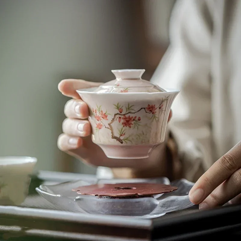 

Ручная роспись, персиковый цвет, Gaiwan для чая, керамические чайные наборы, розовая китайская чайная чаша, чаван, чайная чашка