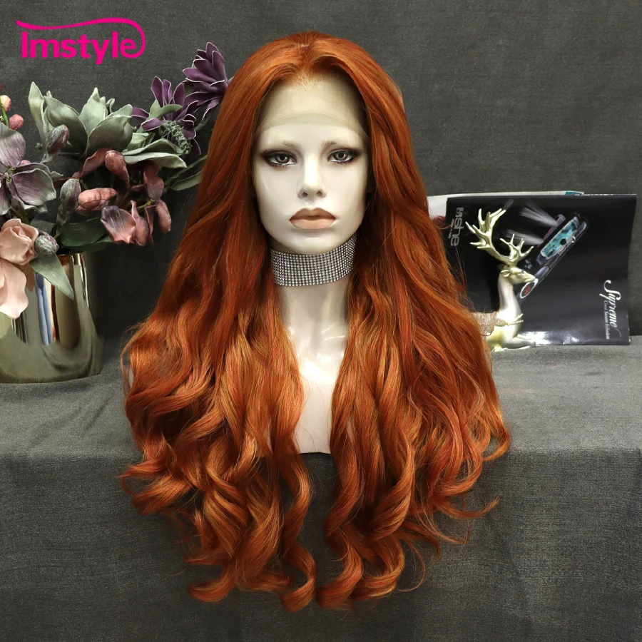 Imstyle Ginger Wig Synthetic Lace Front Wig Orange Mixed Color Long Wavy Heat Resistant Fiber Cosplay Wigs For Women synthetic wig