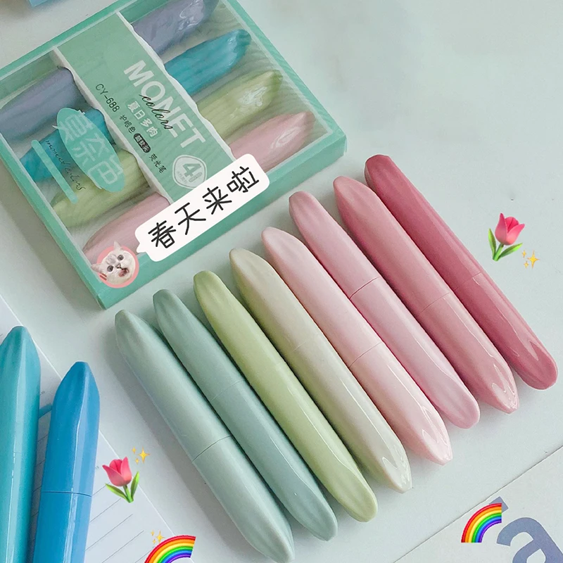 4pcs/set Cute Fresh Color Marker Pens Solid Soft Brush Tip Highlighter Fluorescent Pen Kawaii Drawing Painting Liner Stationery