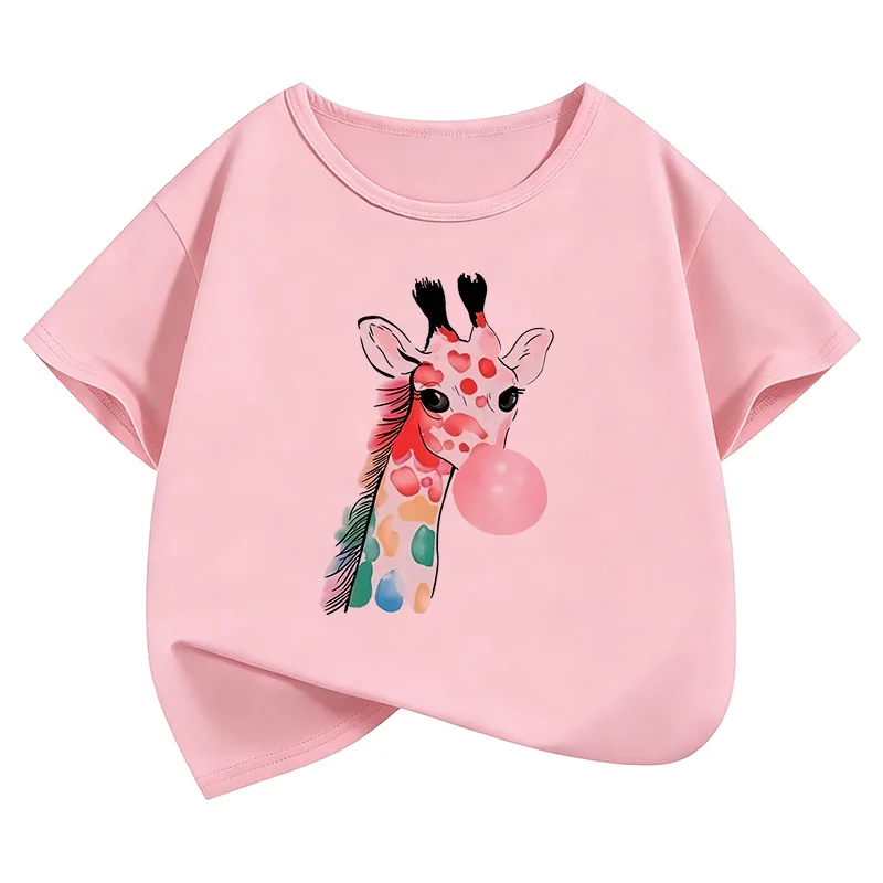 Y2k Giraffe with Gum Printed Short Sleeve T Shirts Animal Kids Children's T-shirt Boys Girls Summer Spring Casual Top Tee Shirt 5