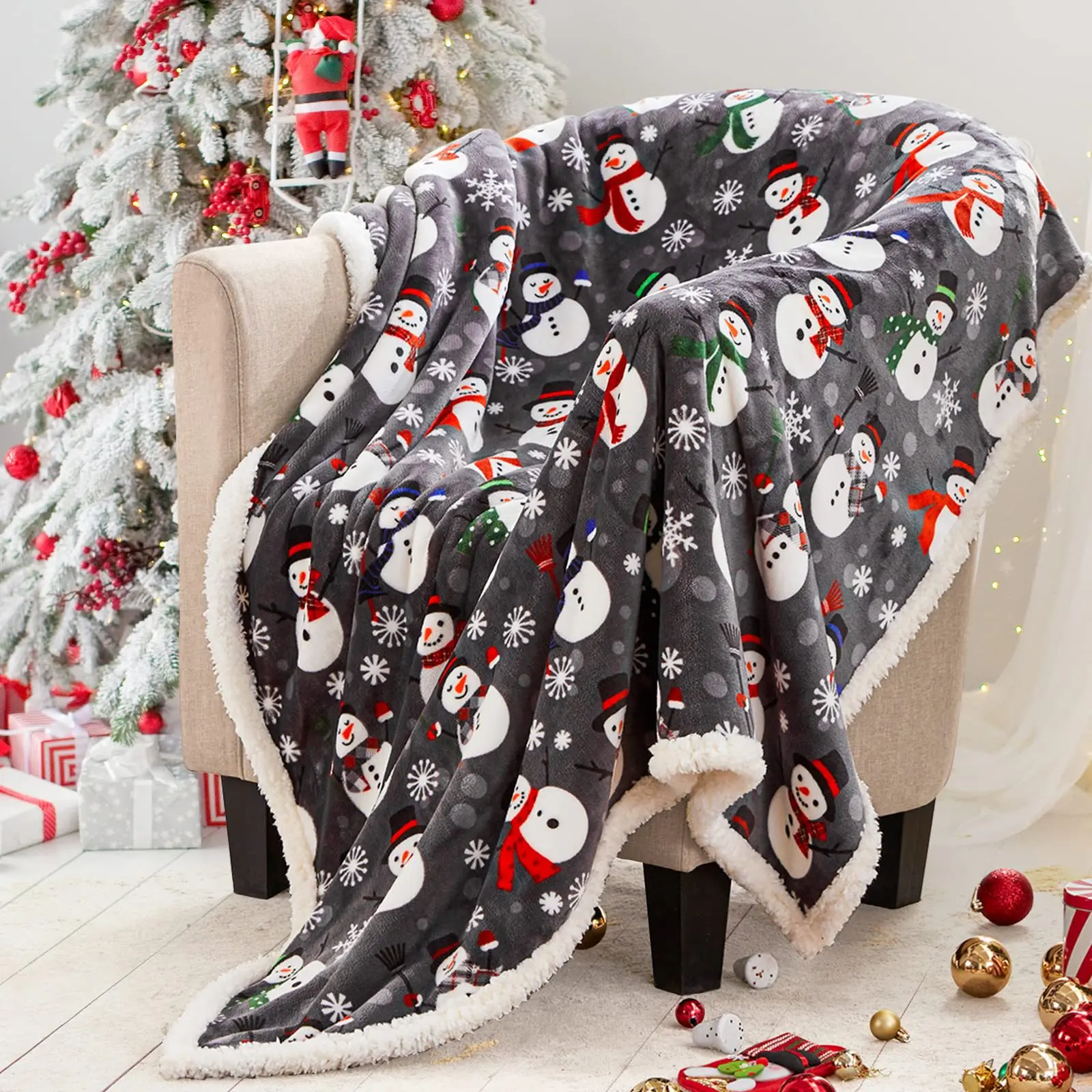 Christmas Blanket Flannel Lamb Blanket Holiday Snowflakes Reindeer Print Couch Sofa Blanket Red Warm Bed Blanket for Home Decor