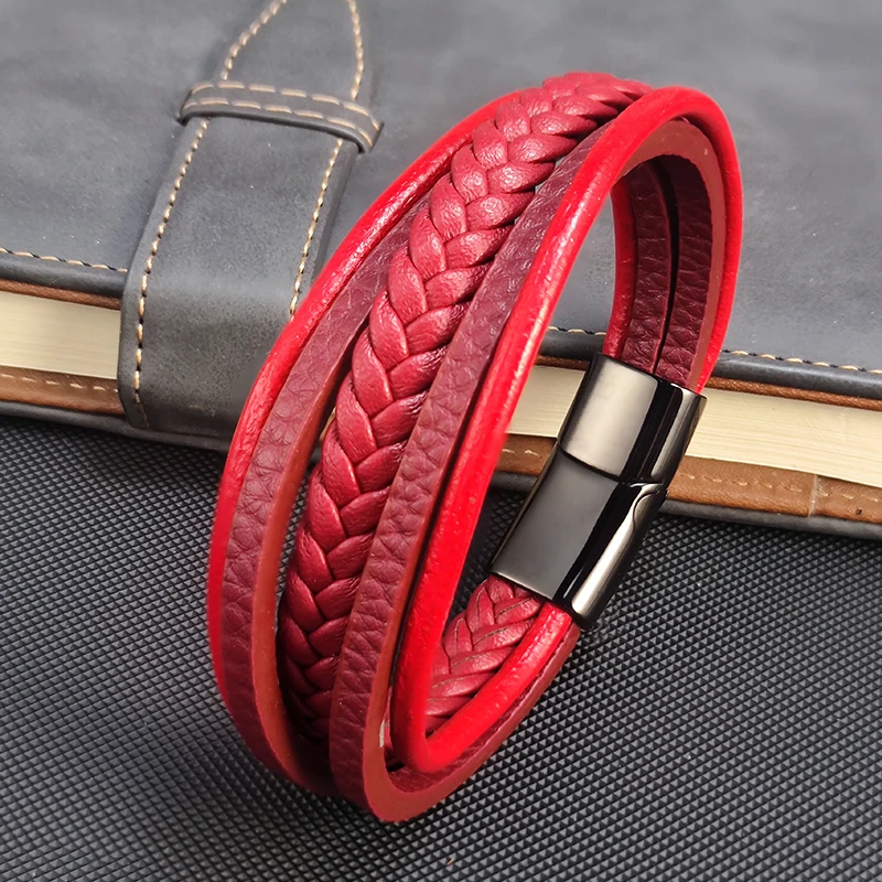 2022 New Red Braided Leather Men Bracelet Classic Handwoven Buckle Multilayer Leather