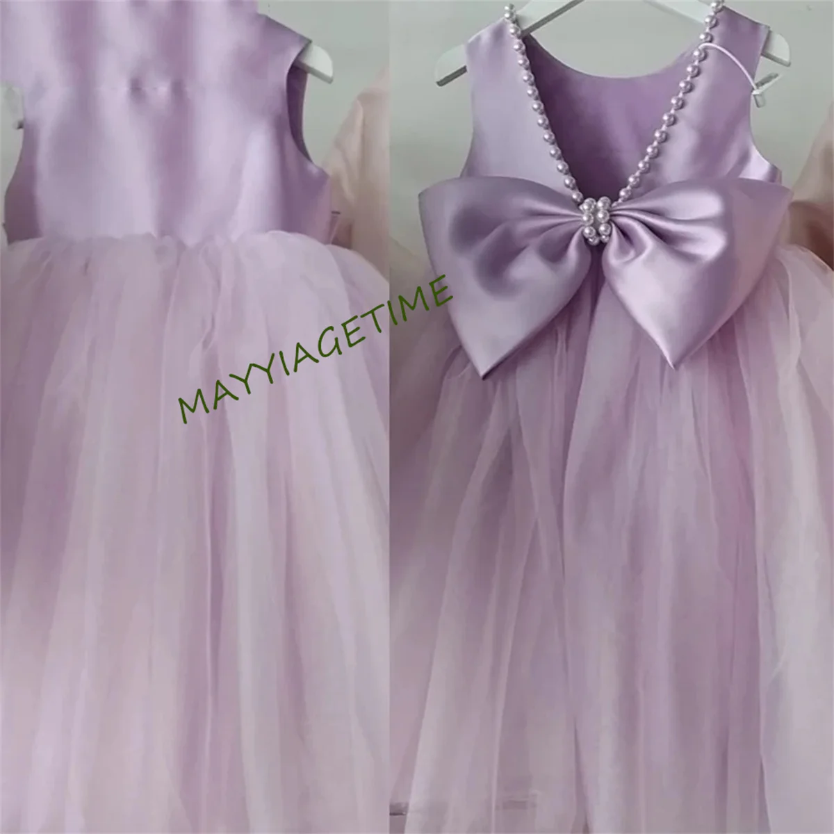 

Kids Champagne Puffy Flower Girl Dress Pearls Beadings Bow First Communion Dresses Tulle Sashes Kids Little Bride Dresses