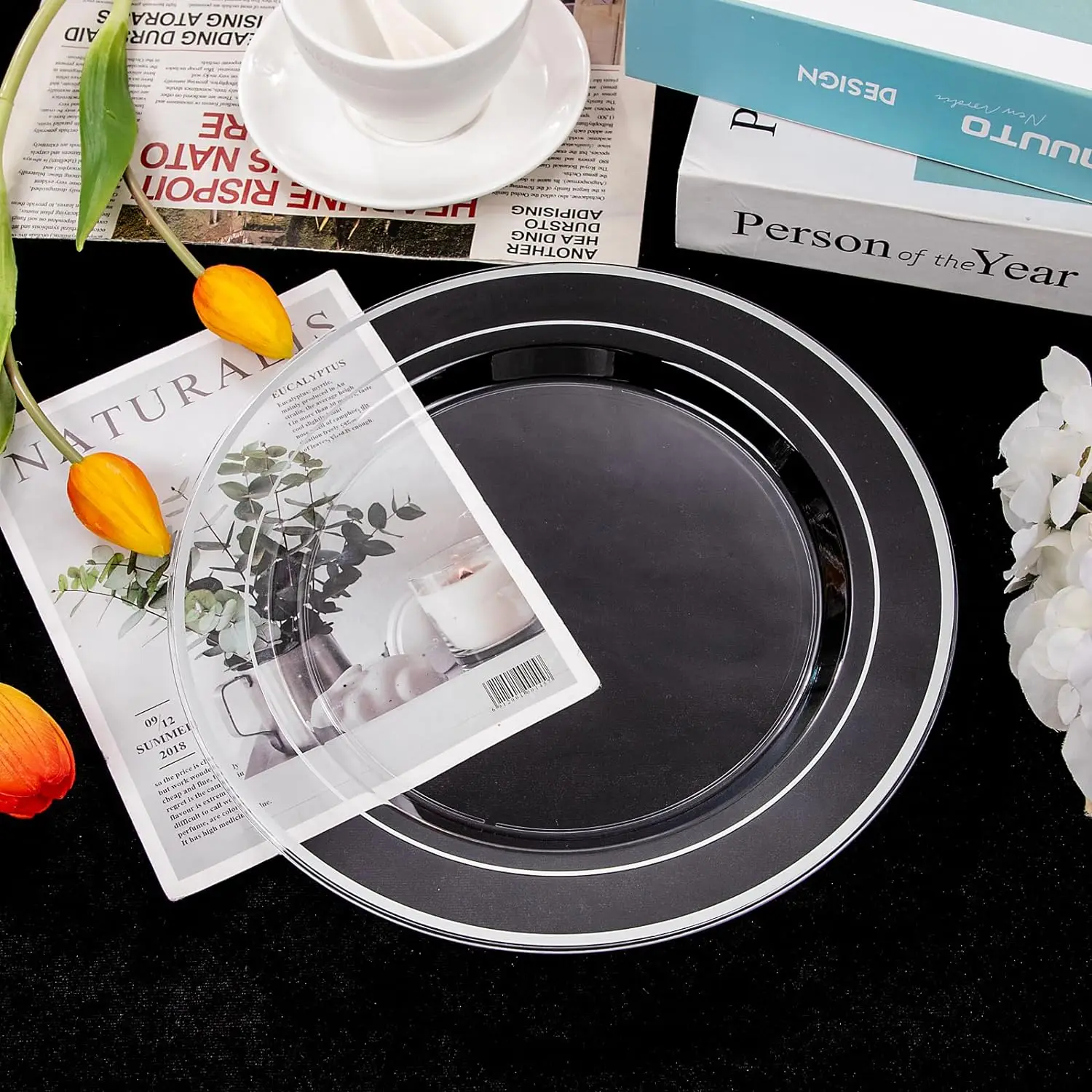 100PCS Clear Silver Plastic Plates, Clear Plates With Silver Rim 10 Inch, Dinner Plates Fancy