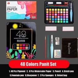 48 - Color Watercolor Paint Set with Brush & Paper for Artists and Beginners (48 Colors Set - Black)