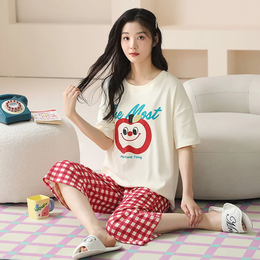 M-4XL Sleepwear Women's Suit 100% Cotton Antibacterial Calf-length Pants 2024 New Cute Summer Pajamas Set Casual Pijama Mujer