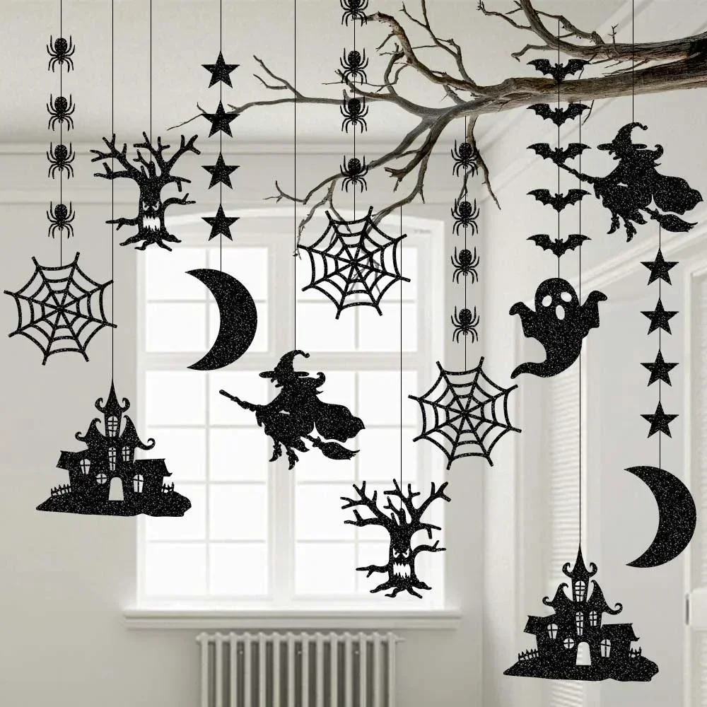 Halloween Hanging Banner Garland Set - Spooky Spider, Witch, Ghost, and Bat Ornaments