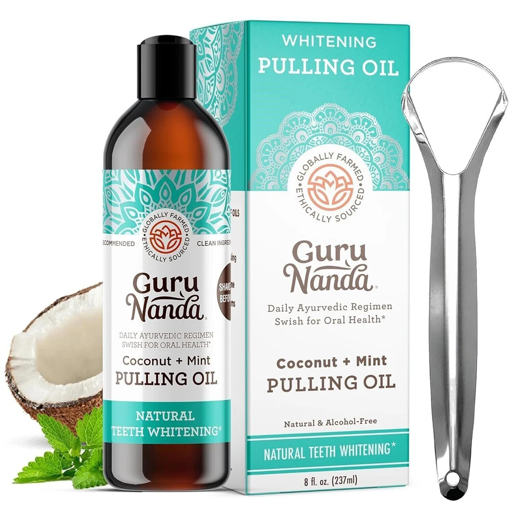 Brightening Mouthwash with Tongue Scraper Coconut Mint Pulling Oil Mouthwash Teeth Whitening Pulling Oil for Women Men Oral Care tongue scraper