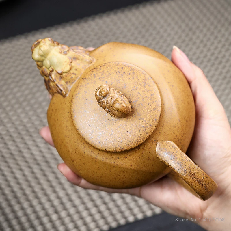 Yixing Purple Clay Pot Handmade Teapot, Dragon, Chinese Kongfu, High temperature section mud wood burning of raw ore, 370cc, 1Pc