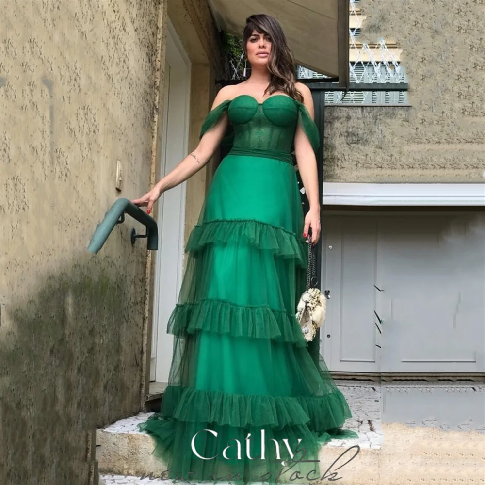 

Cathy Elegant Off Shoulder Prom Dress Multilayer Dark Green فساتين السهرة Maxi Vestidos De Noche Short Sleeve Party Dresses