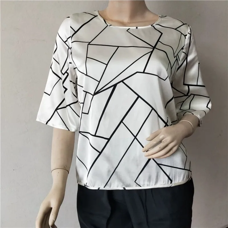 

Spring Autumn Silk plus size women's Half sleeve mulberry silk top loose printed elegant T-shirt women