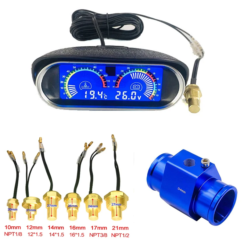Digital temperature gauge 12V 24V Digital Water Temperature Gauge Volt Water Temperature Sensor 1/8NPT Head Plug Joint Pipe Sensor Radiator Hose Adapter
