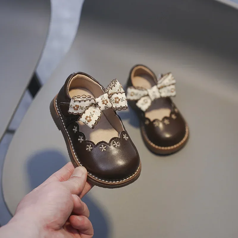 Baby Girls Leather shoes Comfortable Soft-soled Infant Casual Shoes Spring Autumn Children Lace Bow Floral Princess Party Shoes 3