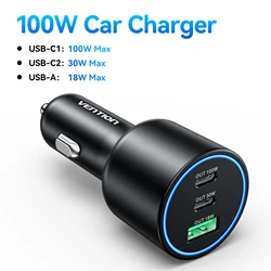 Vention 165W USB - C Car Charger with 3 Ports and LED - High - Speed 100W Fast Charging Adapter - 100W Car Charger