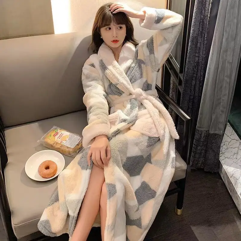 Striped Robe for Women Belt Sleepwear Nightdress Winter Night Wears Pajama Nightgown Long Sleeve Warm Fleece Homewear Japanese