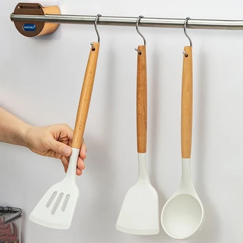 Wooden Handle Silica Gel Spatula High Temperature Pot Spatula Home Cooking Spoon Frying Spatula Silica Gel Kitchen Tools
