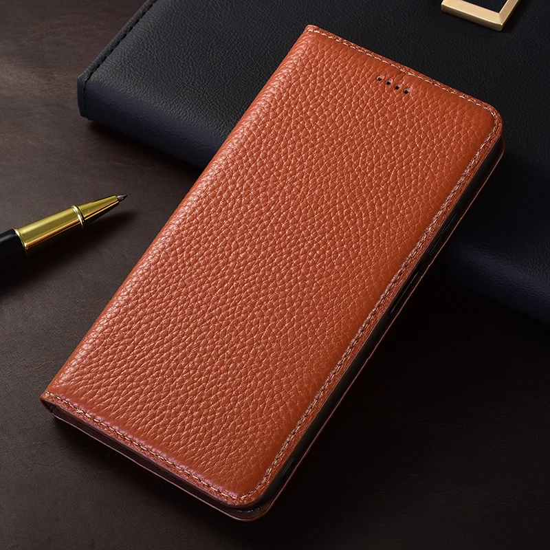 Litchi Genuine Leather Flip Phone Case Cover