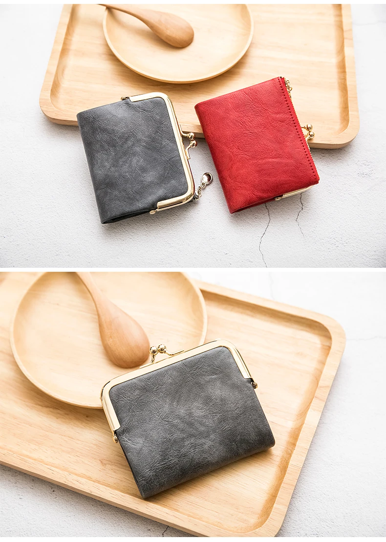 Neue Clip Damen Zero Wallet Retro Multifunktionale Doppelfalt-Lederbrieftasche mit mehreren Kartenfächern, Reißverschluss und Kussverschluss. – Detail 18