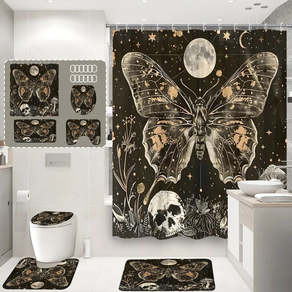 

Funny Halloween Shower Curtain Vintage Skull Flower Mushroom Moth Pumpkin Spooky Home Bathroom Decor Sets Toilet Cover Floor Rug