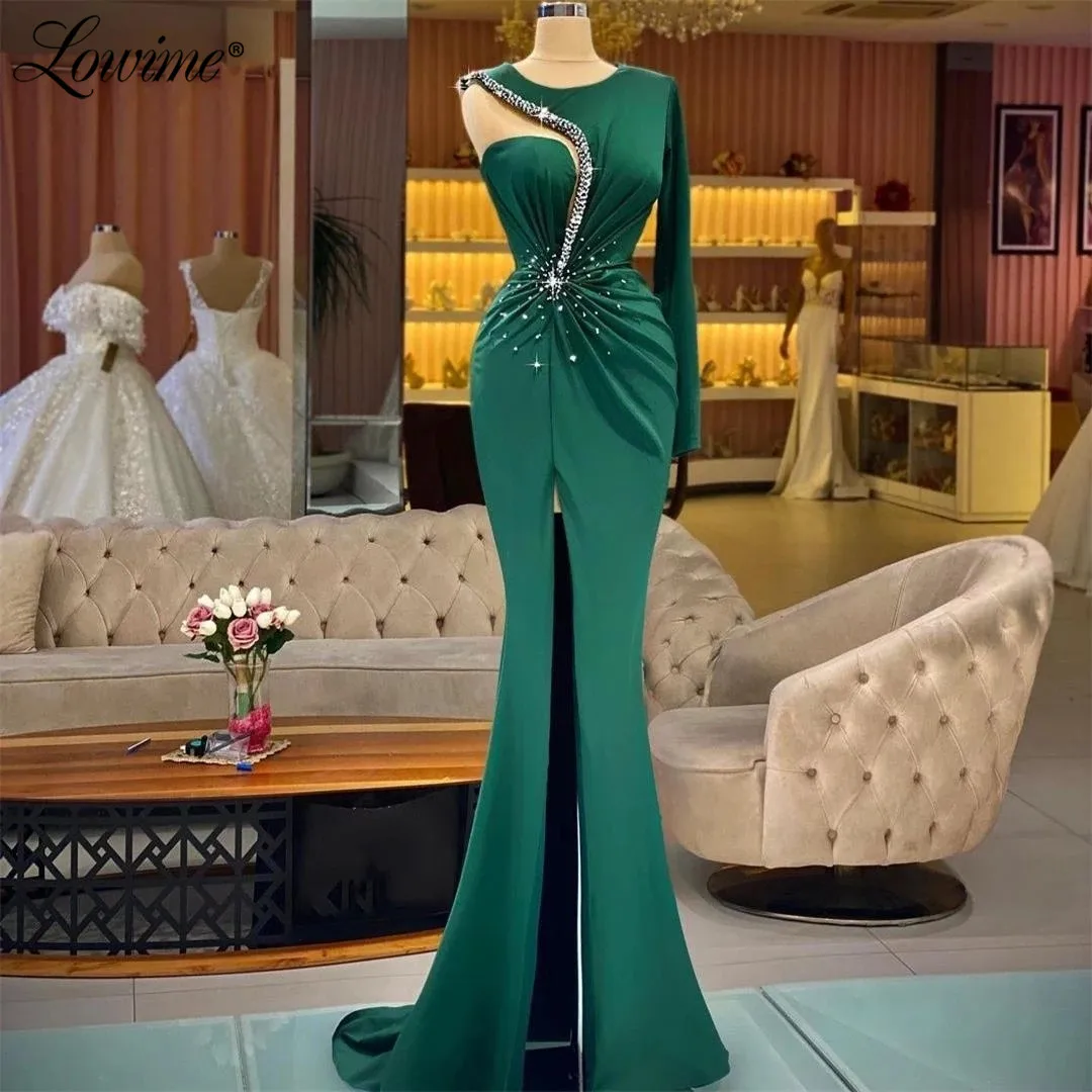

Зеленые длинные вечерние платья Lowime на одно плечо, вечерние платья-русалки для выпускного вечера, 2022 искусственные кристаллы, платья знаменитостей для женщин