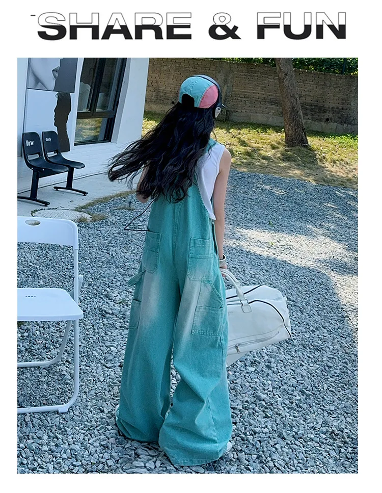 summer teen girls water washed punk wide leg jumpsuit junior kids loose slimming casual Cowboy overalls 4-14 child ropa trousers