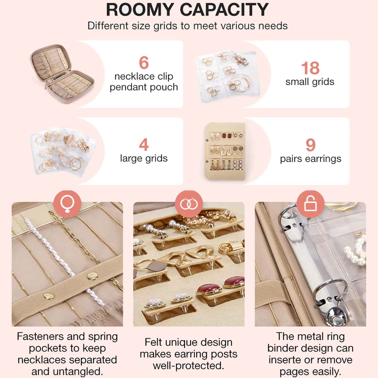Jewelry Travel Organizer Case with Clear Bags and Zipper Pouches