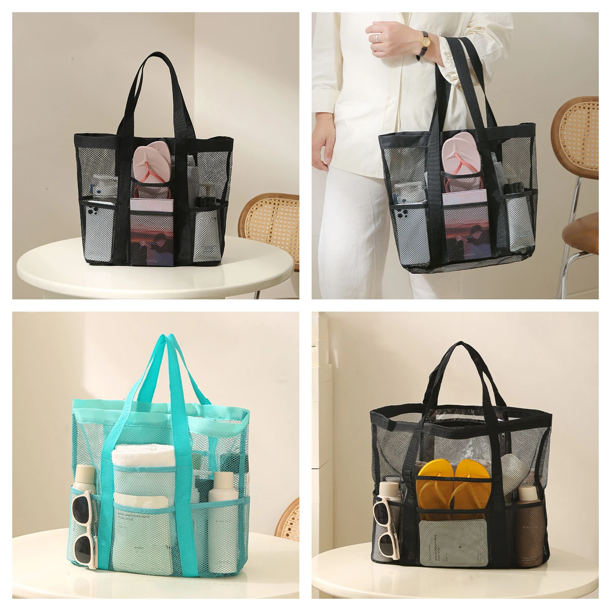 Mesh Beach Bag Large Capacity Hand-held Nylon Mesh Beach Supplies Storage Bag for Women Mother Vacation Use