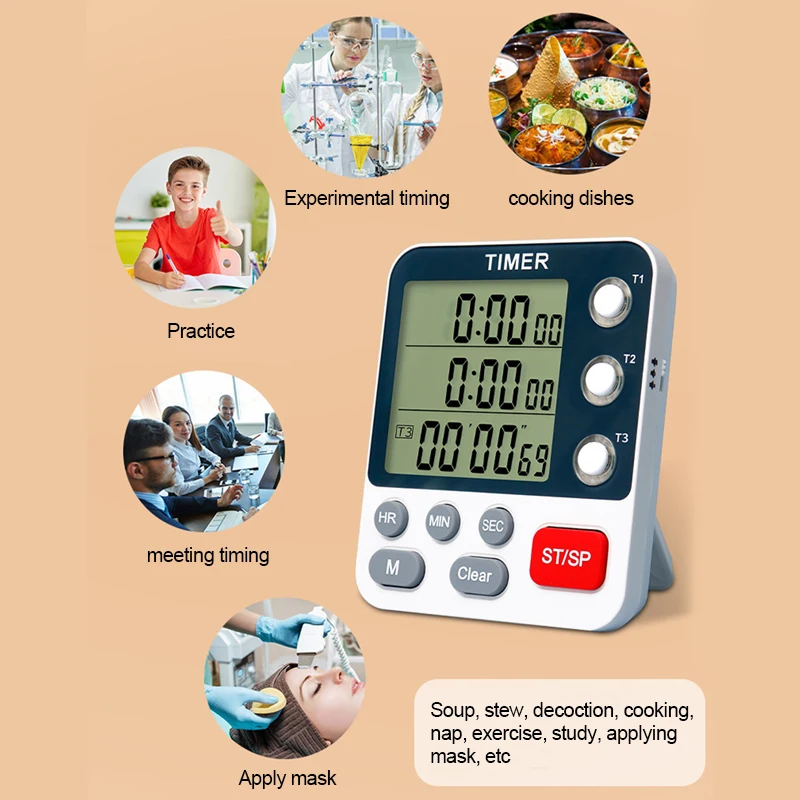 3 Channels Kitchen Timer 100 Hours Countdown Timer For Shower Study Stopwatch 3-Alarms Reminder Clock with Bracket/Magnet/Hole 6