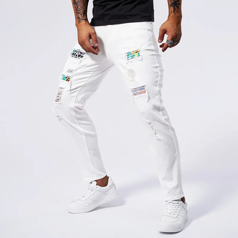 White Elastic Hot Diamond Denim Ripped Patch Skinny Pants Men