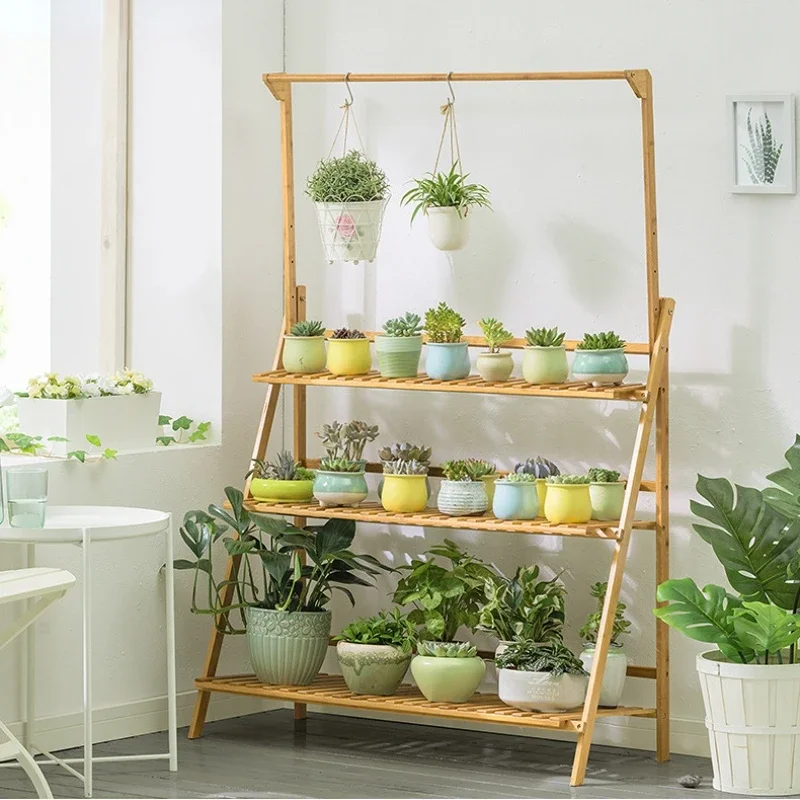 Plant Stand Storage Shelf, 3-Tier Hanging Stand for Flowers, Folding Organizer Display Rack, Adjustable Hanger Rod, Bamboo