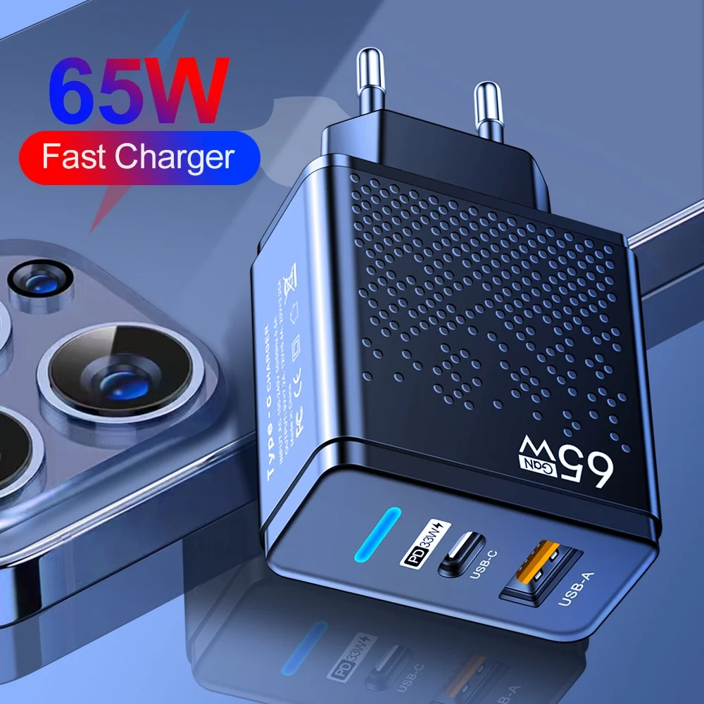 

65W USB C GAN Charger PD Type C Fast Charging Wall Adapter for IPhone 14 13 Xiaomi Samsung Macbook Quick Charge3.0 Phone Charger