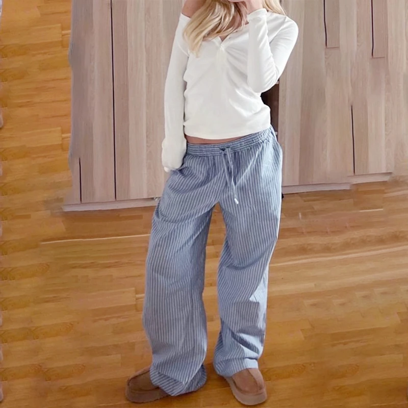 Pantalones anchos a rayas de moda elegante para mujer, ropa de calle coreana, informales, con cordón, de cintura alta, sueltos, rectos, largos, ropa de estar por casa